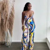 Women Halter Apron Color Stitching Wide Leg Casual Jumpsuit