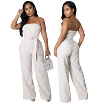 Women Off The Shoulder Strapless Smocked Casual Straight Pants High Waist Jumpsuit