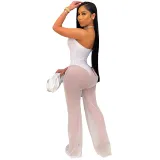 Women Strapless High Waist Mesh Perspective Pants Sexy Jumpsuit