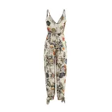 Women Sling Sleeveless Plunging Neckline Floral Corset Jumpsuit