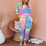 Women Long Sleeve Tie dye Lounge Smocked Waist Jumpsuit