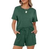 Women Short Sleeve Round-Neck Drawstring Cotton Home Romper