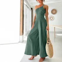 Women One-Shoulder Smocked Wide Leg Casual Jumpsuit