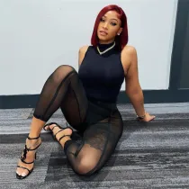 Women Black Mesh Perspective Bodycon Jumpsuit