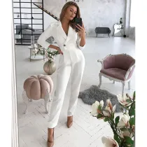 Women Three-Quarter Sleeve Surplice Pencil Pant Elegant Jumpsuit