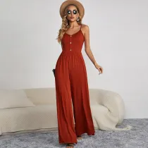 Women Sling Sleeveless Smocked Waist Wide Leg Jumpsuit