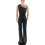Women One-Shoulder Sleeveless Zipper Front Bodycon Jumpsuit