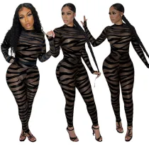 Women Long Sleeve Balck See-through Mesh Bodycon Jumpsuit