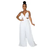 Women Halter Sleeveless Backless Cut Out Waist Wide Leg Jumpsuit