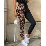 Women Short Sleeve Leopard Print Button Front V-Neck Jumpsuit