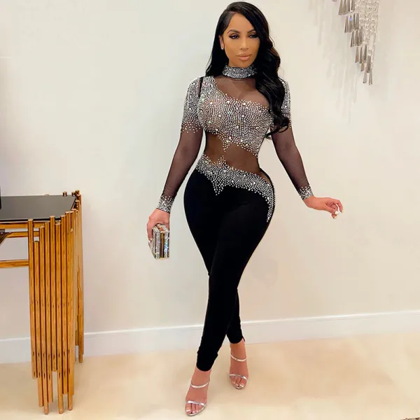 Women Mesh Long Sleeve Mock-Neck Sequin Jewelry Perspective Bodycon Jumpsuit