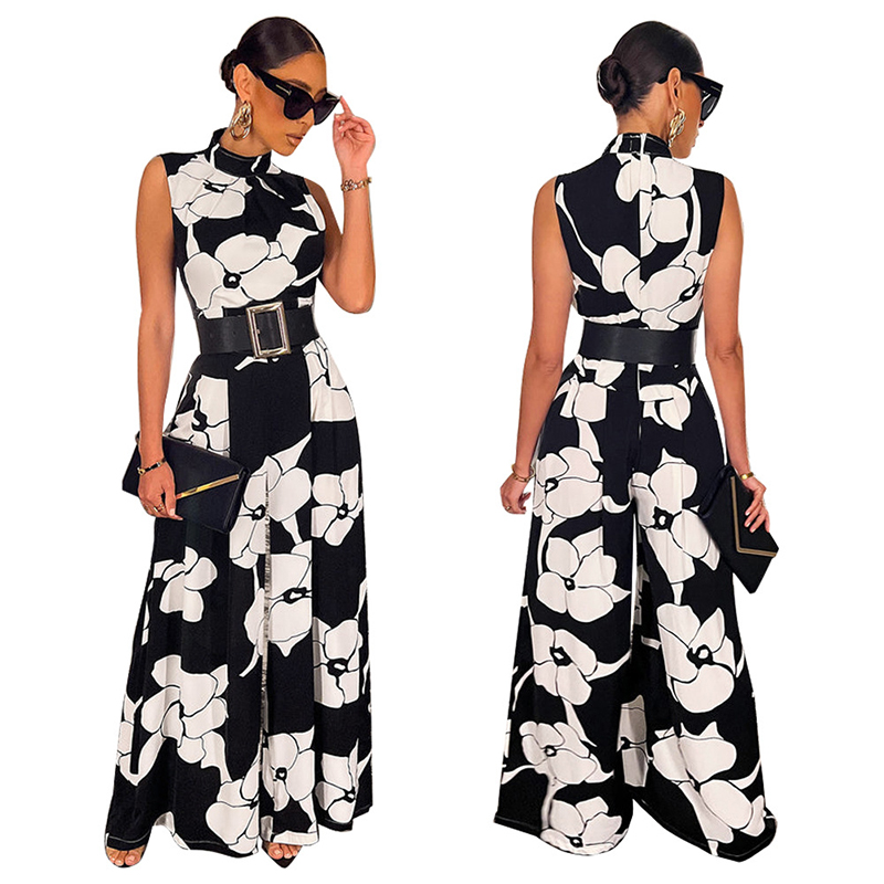 Women Mock-Neck Corset Black Floral Printed Wide Leg Jumpsuit