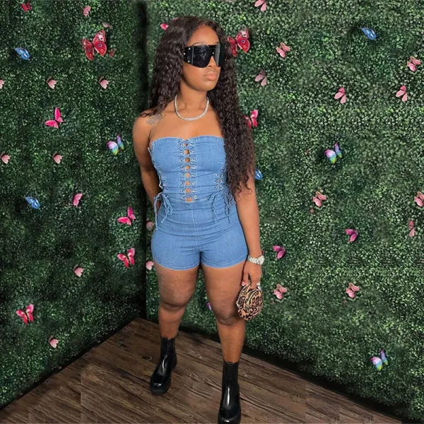 Women Strapless Denim Jeans Strappy Lace Up Mini Short Jumpsuit