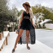 Women Sling Sleeveless Surplice Mesh Hollow Out Waist Jumpsuit