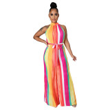 Women Halter Sleeveless Color Stitching Loose Jumpsuit