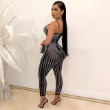 Women Mock-Neck Rhinestones Mesh Sequin Perspective Bodycon Jumpsuit