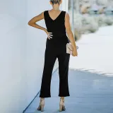 Women Wedgie Sleeveless V-Neck Button Front Belt Casual Jumpsuit