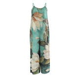 Women Sling Sleeve Apron Floral Printed Loose Casual Jumpsuit