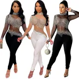 Women Mesh Long Sleeve Mock-Neck Sequin Jewelry Perspective Bodycon Jumpsuit