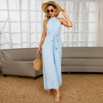 Women Halter Sleeveless High Waist Smocked Leg Casual Jumpsuit