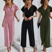 Women Short Sleeve Plunging Neckline Wide Leg Casual Jumpsuit