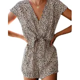 Women Short Sleeve Surplice Leopard Print Short Mini Casual Jumpsuit