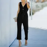 Women Wedgie Sleeveless V-Neck Button Front Belt Casual Jumpsuit