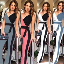 Women Wedgie Sleeveless Plunging Neckline High Waist Belt Elegant Jumpsuit