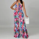 Women Halter Plunging Neckline Floral Printed Wide Leg Jumpsuit