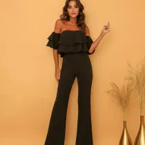 Women Off The Shoulder Ruffles Strapless Lacework Flares Jumpsuit