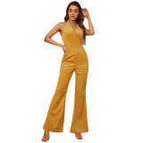 Women Halter Sleeveless Surplice Flares Pants Elegant Formal Yellow Jumpsuit