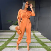 Women Half Sleeve Solid Color Button Corset Overalls Jumpsuit