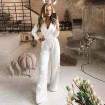 Women Long Sleeve V-Neck Corset Fashio Wide Legn Jumpsuit