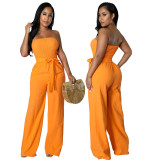 Women Off The Shoulder Strapless Smocked Casual Straight Pants High Waist Jumpsuit