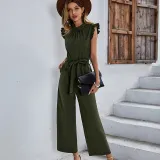 Women Smocked High-Neck Sleeveless Tie Waist Wide Leg Jumpsuit