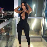Women Sleeve Halter Cross Front High Waist Black Bodycon Jumpsuit