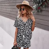 Women Short Sleeve Collared Leopard Print Drawstring Short Jumpsuit