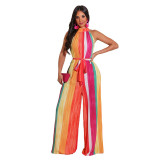 Women Halter Sleeveless Color Stitching Loose Jumpsuit