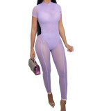 Women Mock-Neck Short Sleeve Mesh See-through Bodycon Party Jumpsuit