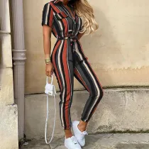 Women Short Sleeve V-Neck Corset Belt Fashion Jumpsuit