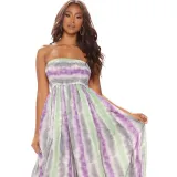 Women Off The Shoulder Strapless Tie Dye Striped Wide Leg Jumpsuit