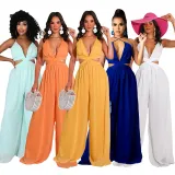Women Halter Sleeveless Backless Cut Out Waist Wide Leg Jumpsuit