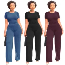 Women Short Sleeve Bodycon Solid Color Jumpsuit