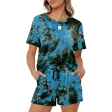 Women Short Sleeve Round-Neck Drawstring Cotton Home Romper