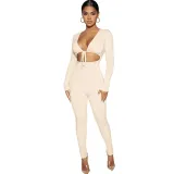 Women Long Sleeve Plunging Neckline Bodycon Jogging Jumpsuit