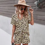 Women Short Sleeve Collared Leopard Print Drawstring Short Jumpsuit