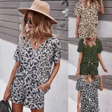 Women Short Sleeve Collared Leopard Print Drawstring Short Jumpsuit
