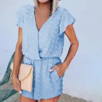 Women Short Sleeve Collared Embroidery Dot Mini Jumpsuit