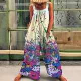 Women Sleeveless Daisy Printed Wide Leg Blouson Cover-Up Jumpsuit