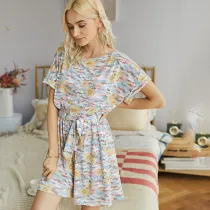 Women Short Sleeve Round-Neck Daisy Flower Smocked Tie Mini Jumpsuit